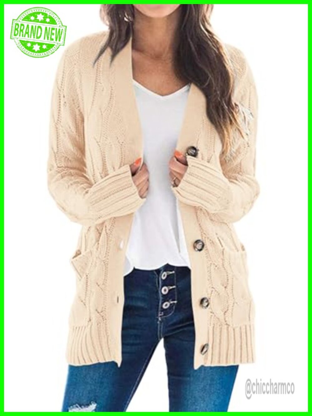 Women Chunky Cable Knit Cardigan Button Down Long Sleeve Sweater